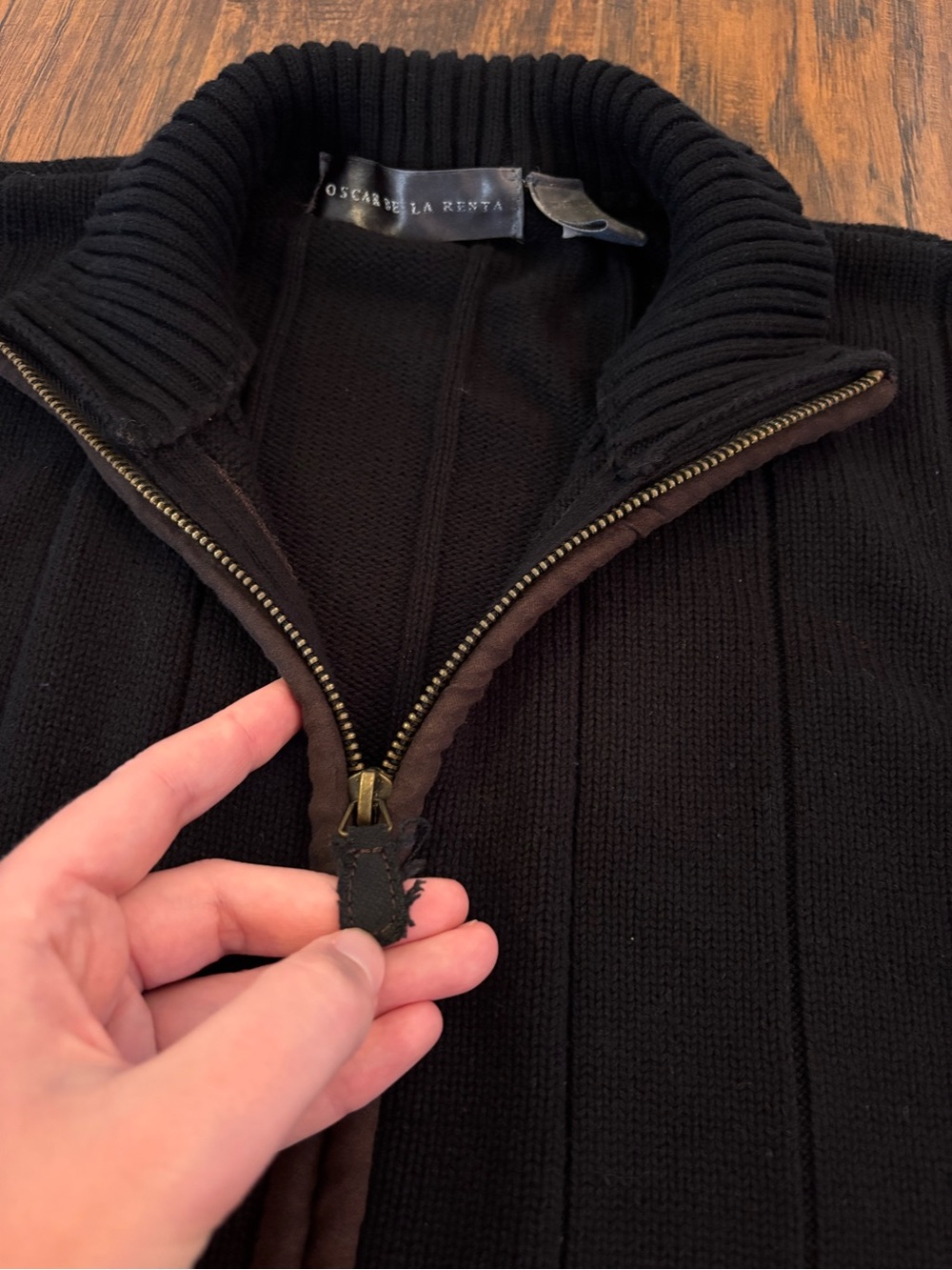 Oscar de la Renta Black Full-Zip Ribbed Knit Sweater 100% Cotton Academia Large - Picture 4 of 9